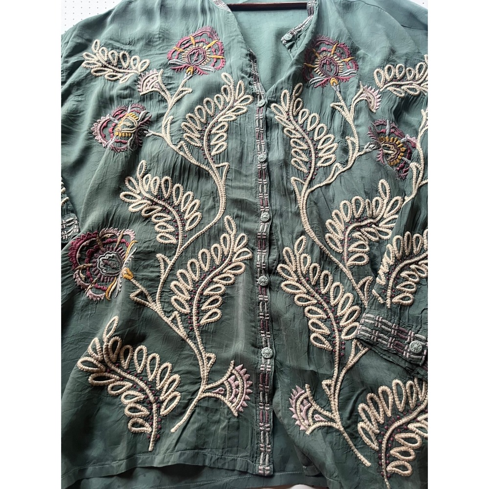 Johnny Was Syn Jenny Kas Embroidered Tunic Top XL Sage Green Boho Floral C34818 - Picture 3 of 9